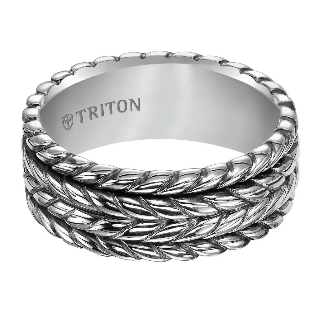 ELLIS Flat Sterling Silver Comfort Fit Wedding Band with Multi-Rope Pattern and Black Oxidation Finish by Triton Rings - 9 mm