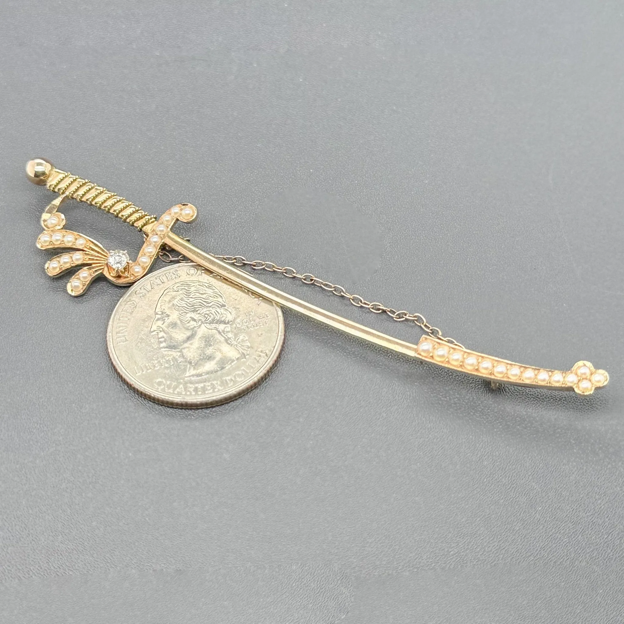 Estate Victorian 10 14K Y Gold Seed Pearl & 0.08ct H-I/SI2 Diamond Sword Pin