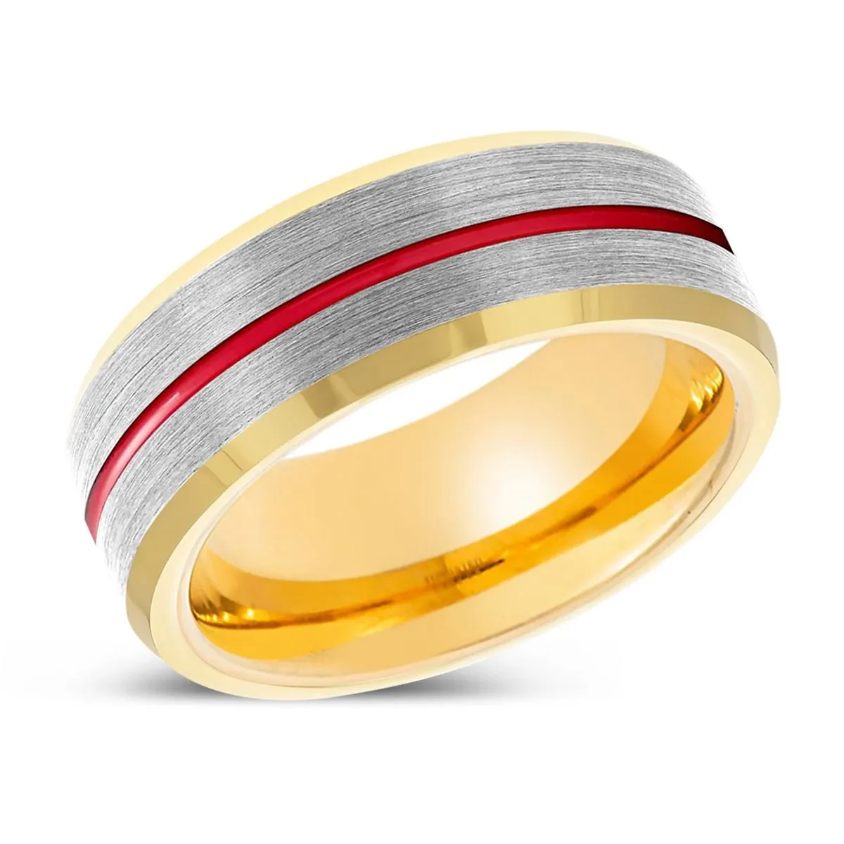 FALCON | Gold Ring, Silver Tungsten Ring, Red Groove, Gold Beveled Edge