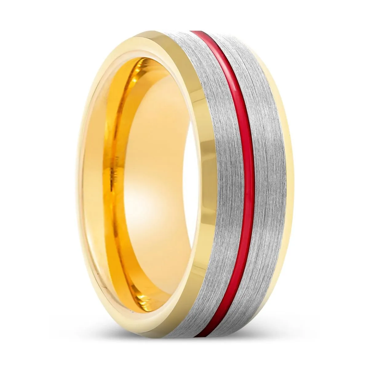 FALCON | Gold Ring, Silver Tungsten Ring, Red Groove, Gold Beveled Edge