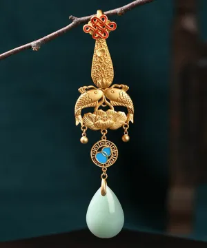 Fine Gold Ancient Gold Jade Every Year There Is Fish Tassel Brooches KX1083