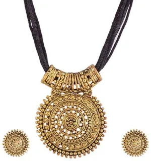 Ganapathy Gems Black Oxodised Brass With Thread Chain Metal Pendant Necklace With Earrings For Women