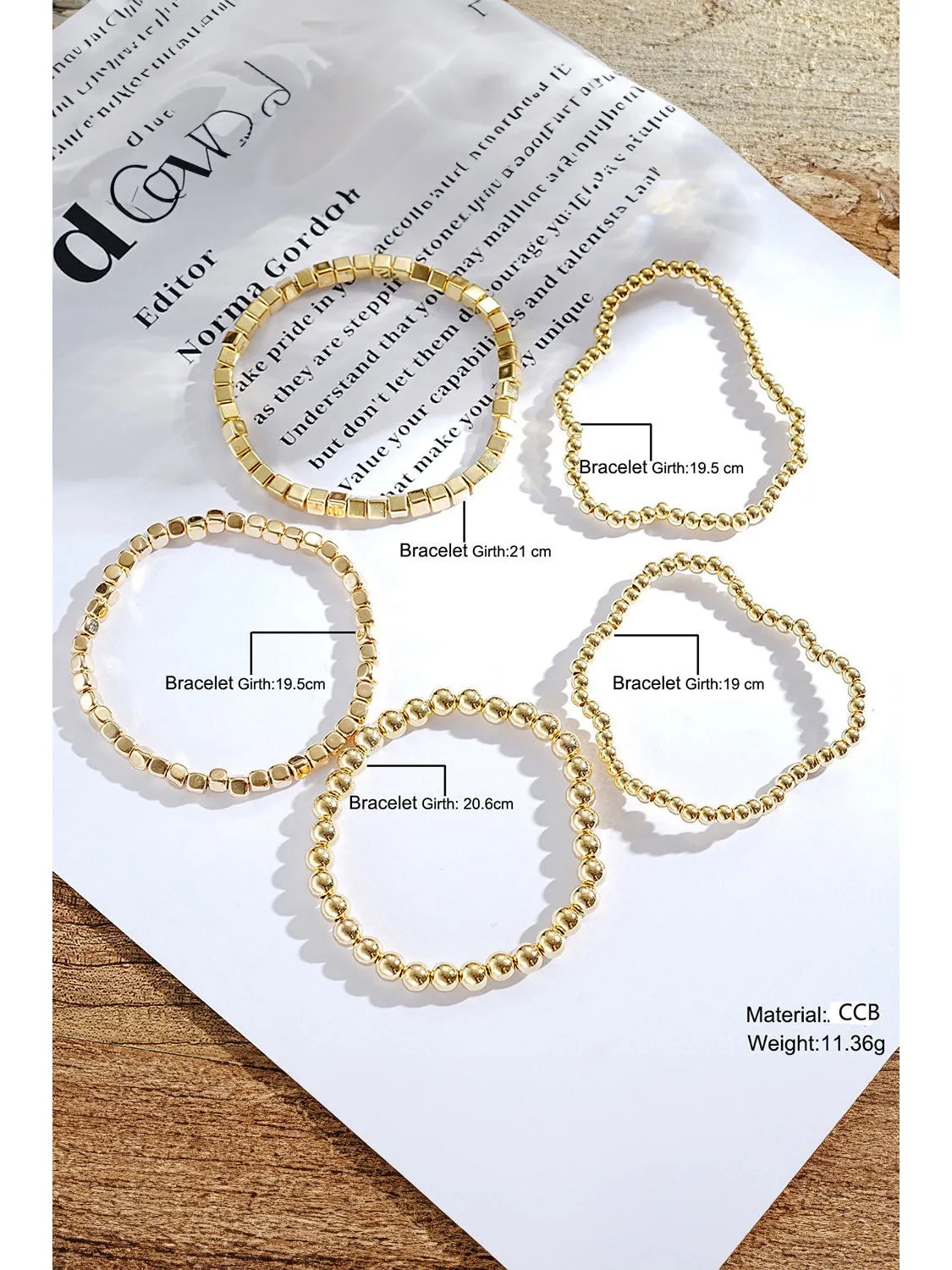 Gold 5Pcs Plated Cube Beaded Bracelet Set