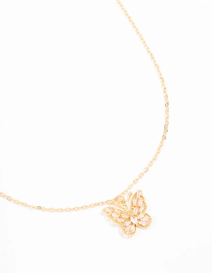 Gold Butterfly Rectangular Diamante Necklace