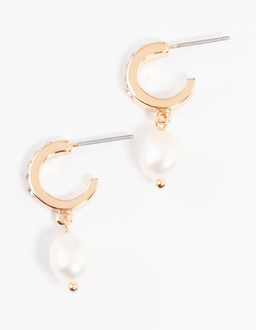 Gold Diamante & Freshwater Pearl Drop Huggie Earrings