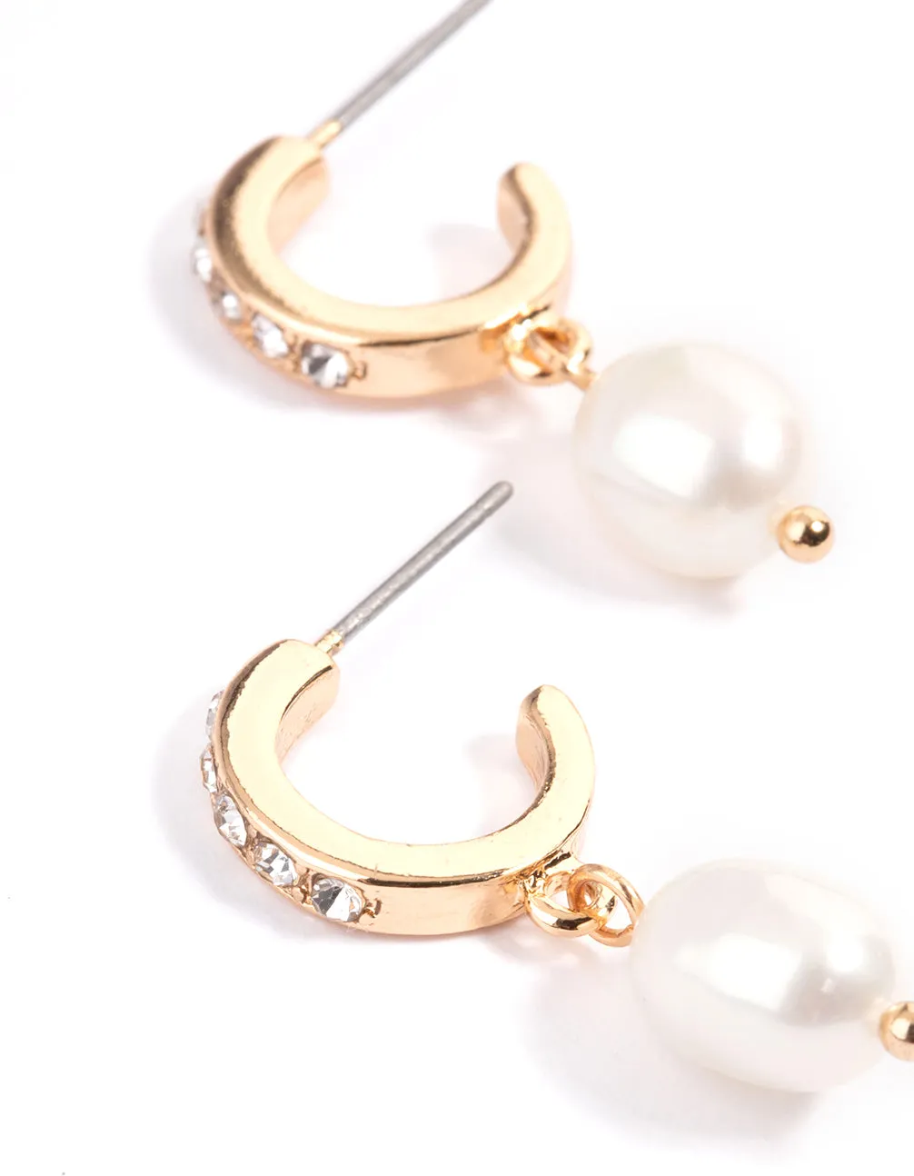 Gold Diamante & Freshwater Pearl Drop Huggie Earrings