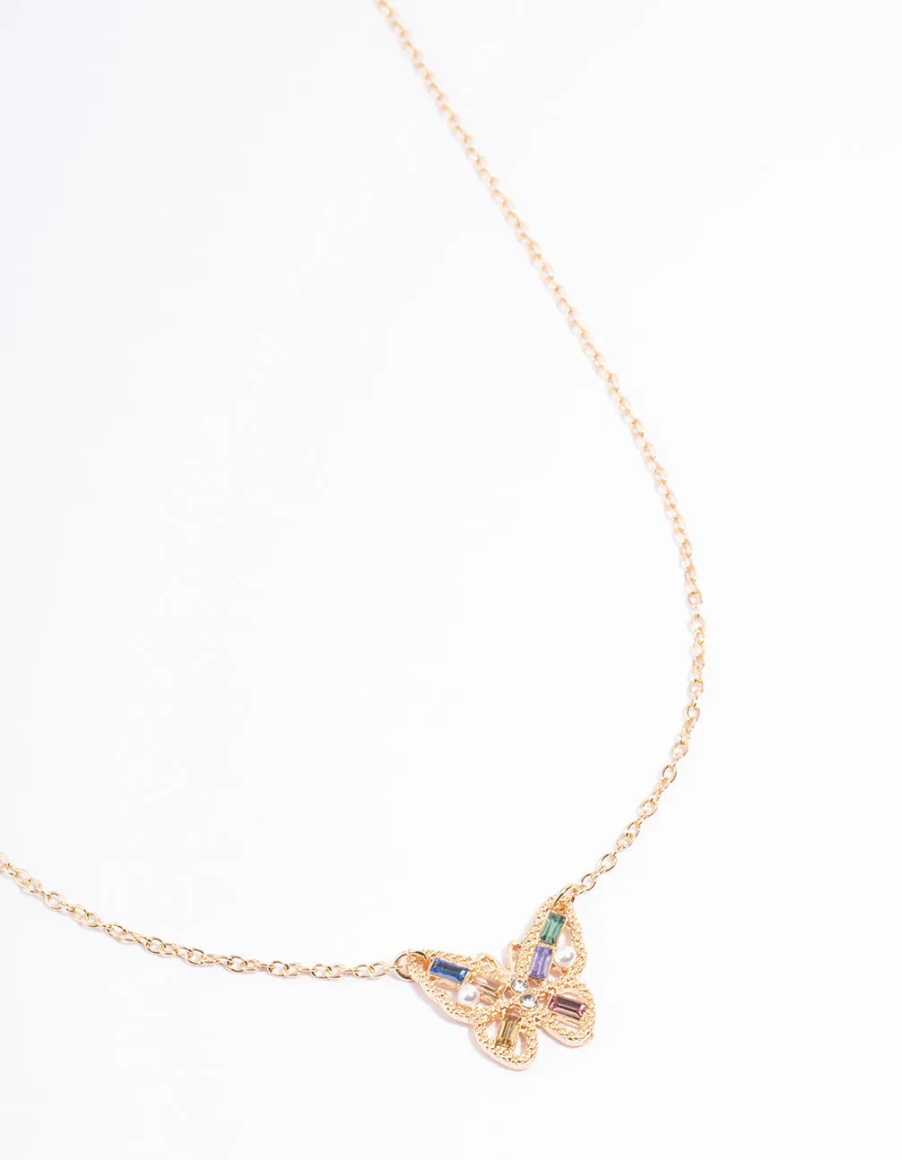 Gold Diamante & Pearl Butterfly Necklace