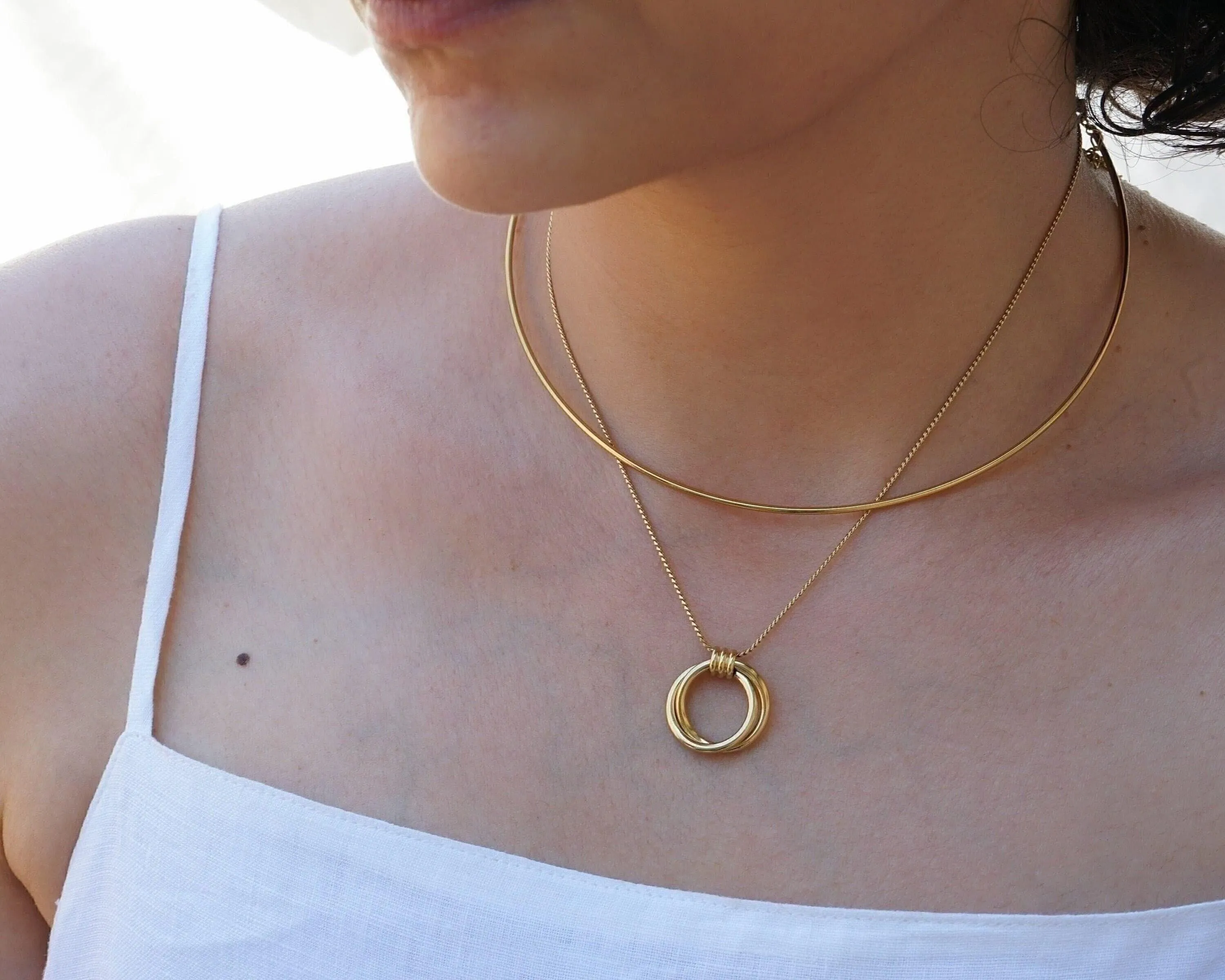 Gold Double Hoop Pendant Necklace