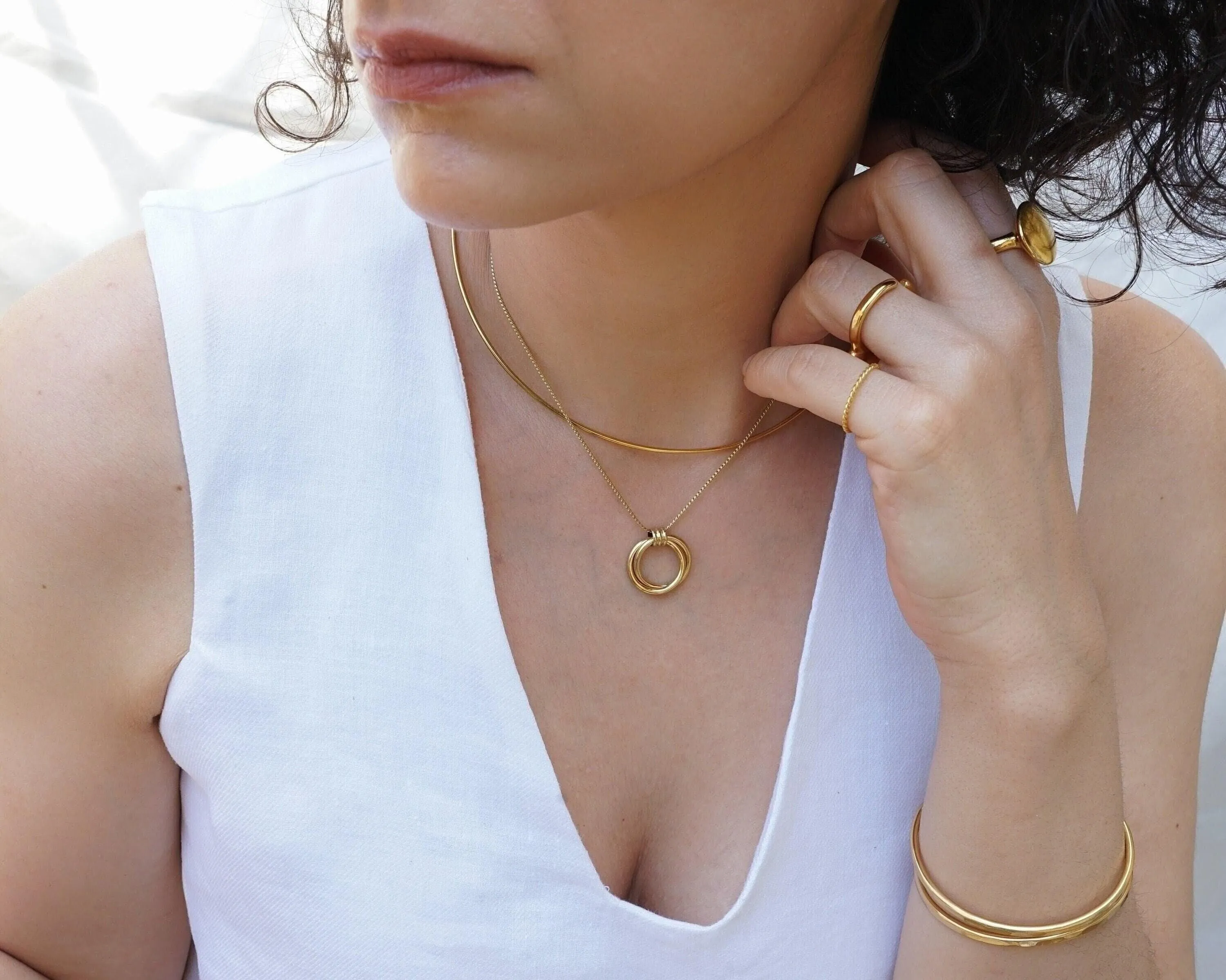 Gold Double Hoop Pendant Necklace