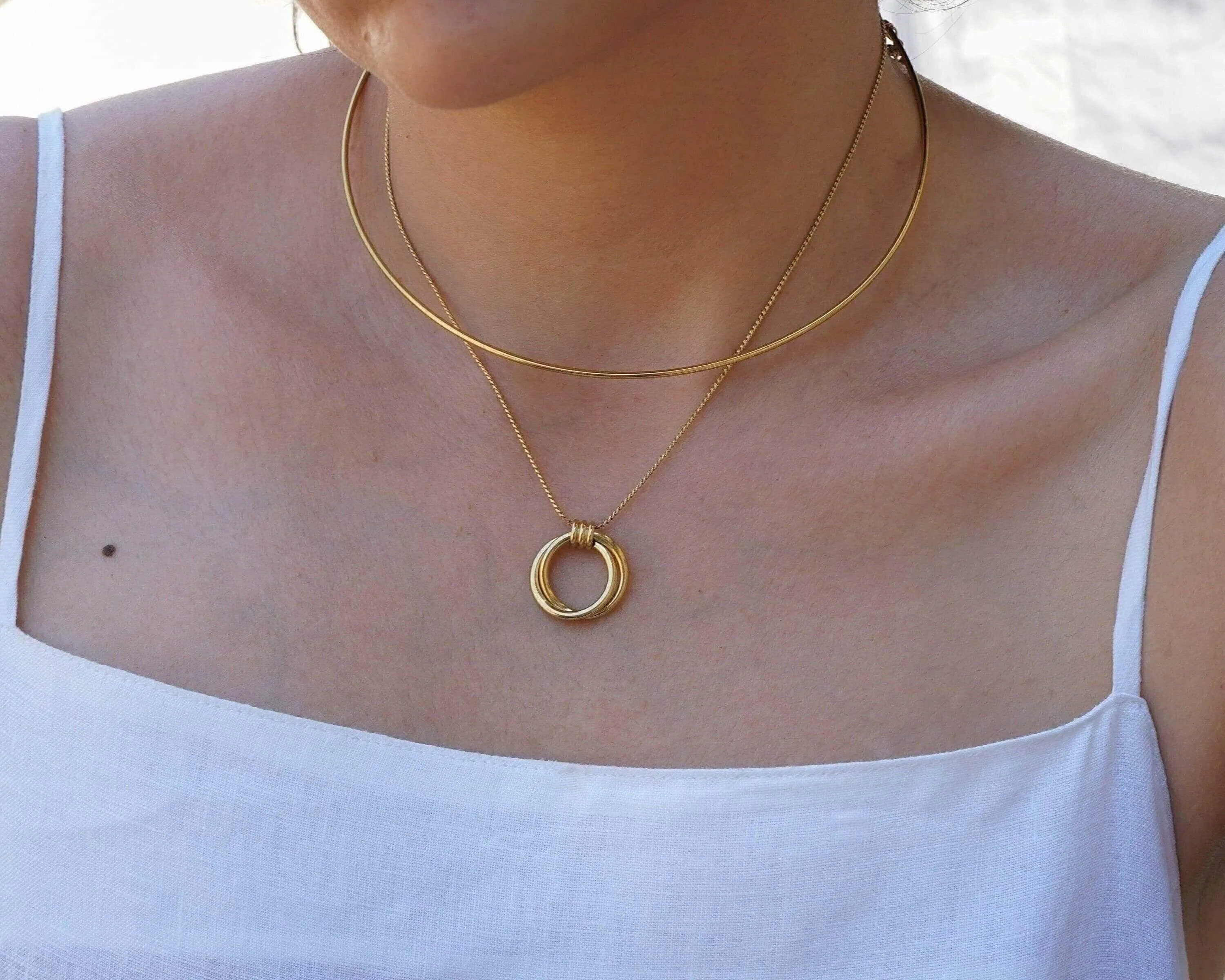 Gold Double Hoop Pendant Necklace