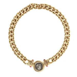 Gold Link Necklace with Silver Coin and Red Jewels