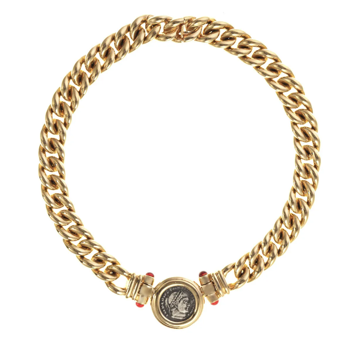 Gold Link Necklace with Silver Coin and Red Jewels