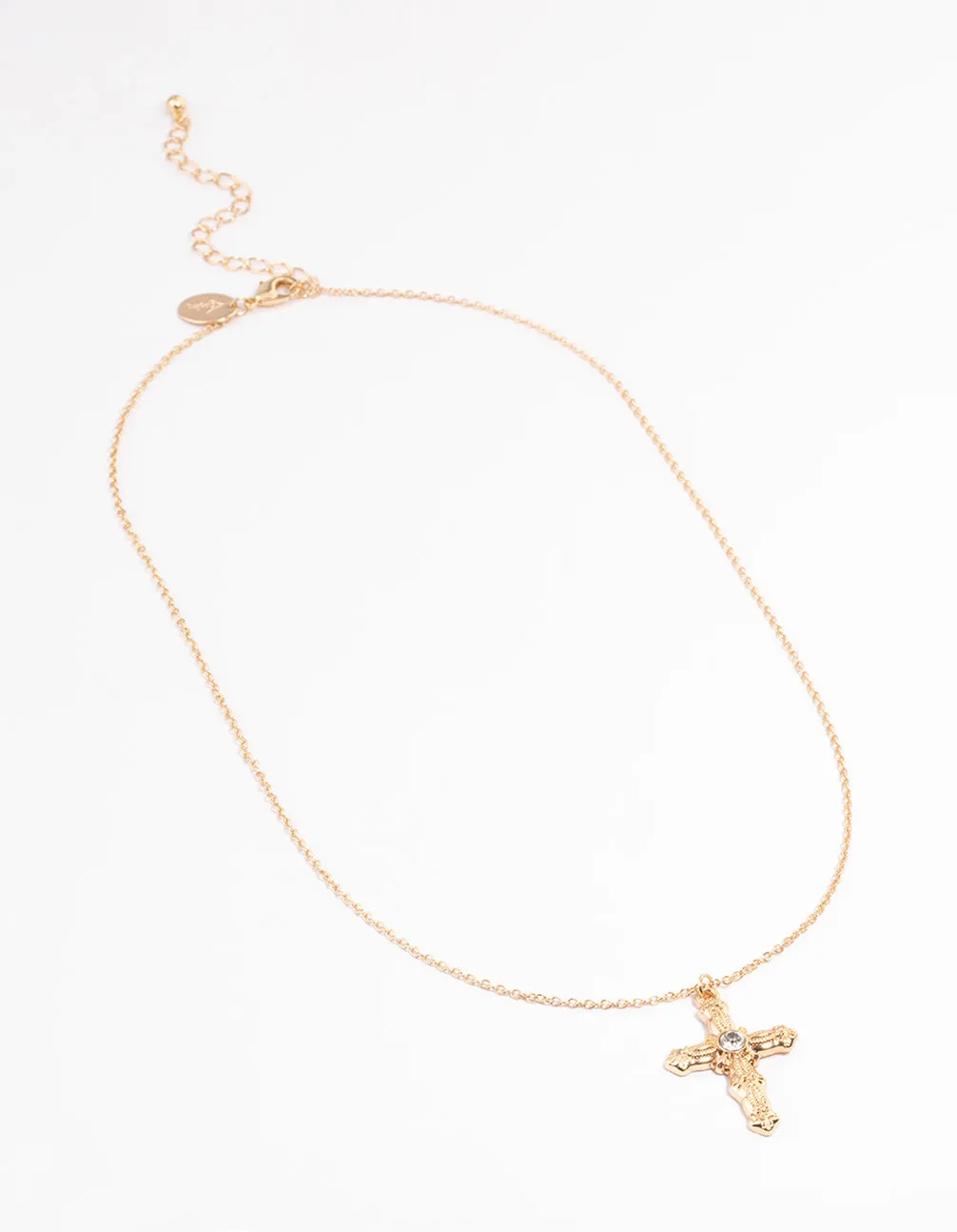 Gold Ornate Diamante Cross Necklace