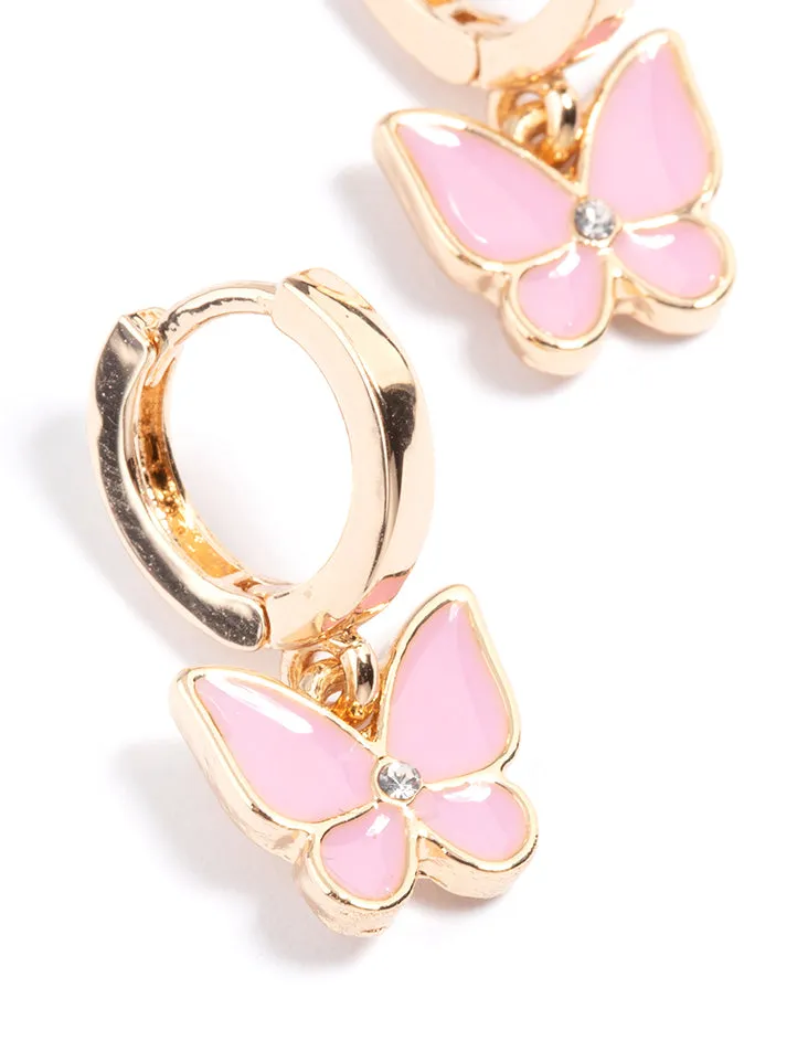 Gold Pink Enamel Butterfly Huggie Earrings