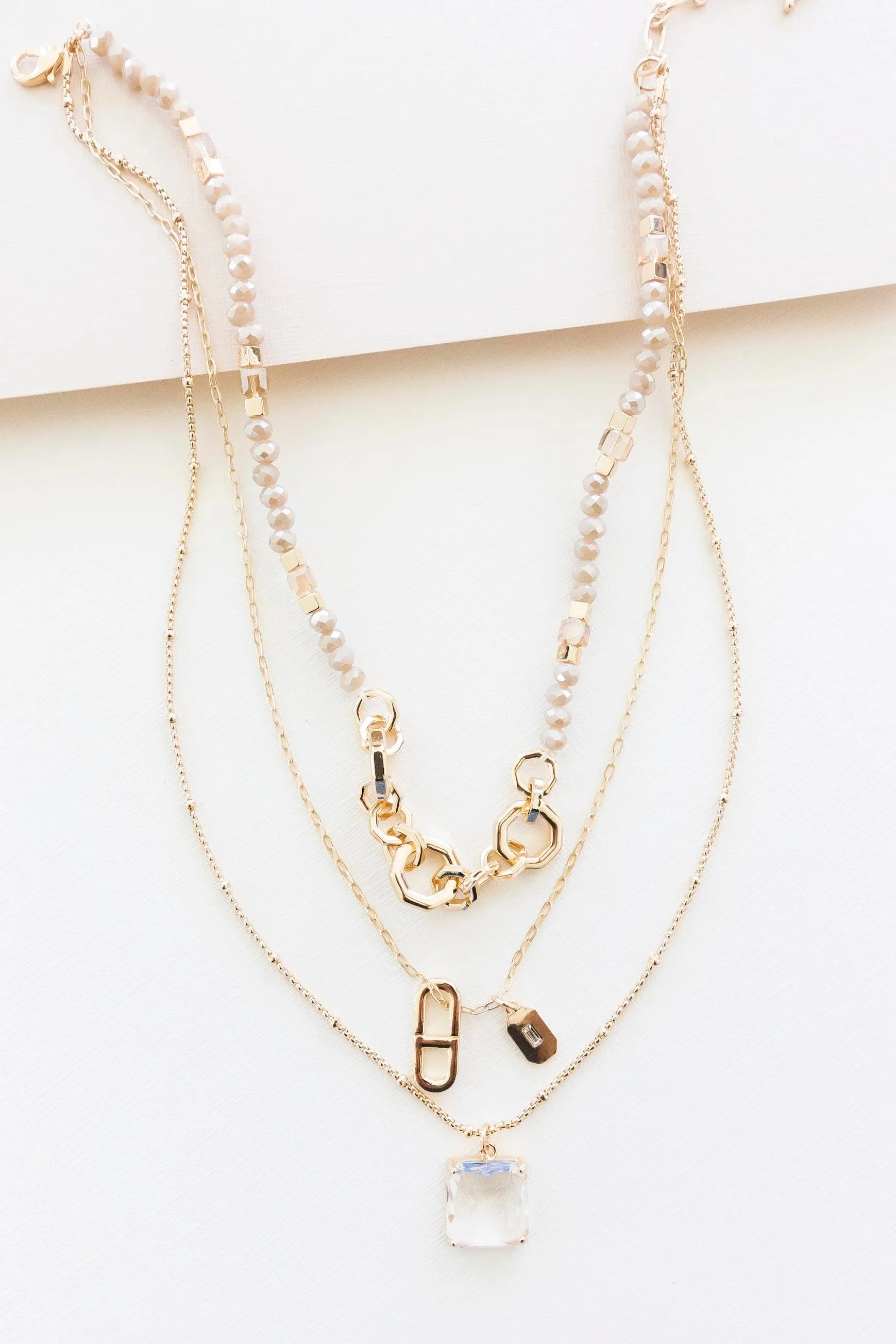 Harper Gold Layering Necklace | Dainty Gold Chains with Charm Details | Delicate Layered Necklace | Clear Crystal Pendant