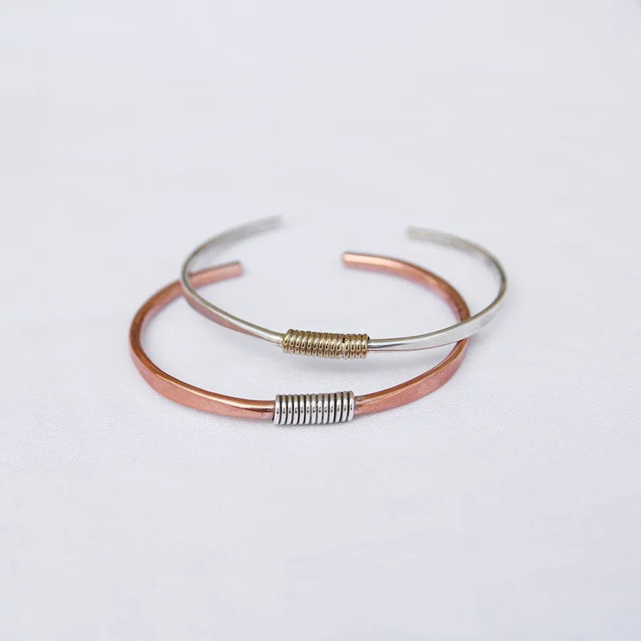 Heavy Copper Cuff With Silver Wrap Bracelet