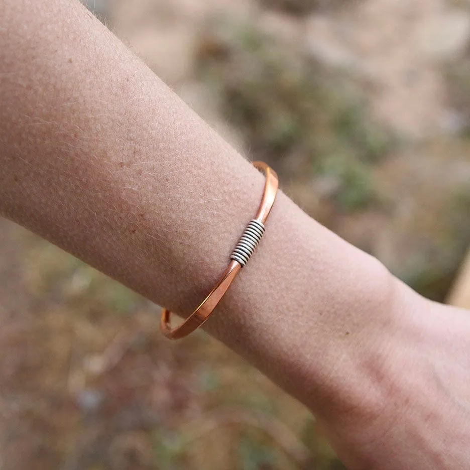 Heavy Copper Cuff With Silver Wrap Bracelet