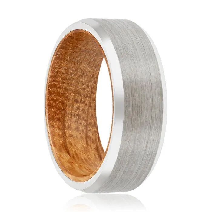 HOFFMAN | Whiskey Barrel Wood, Silver Tungsten Ring, Brushed, Beveled