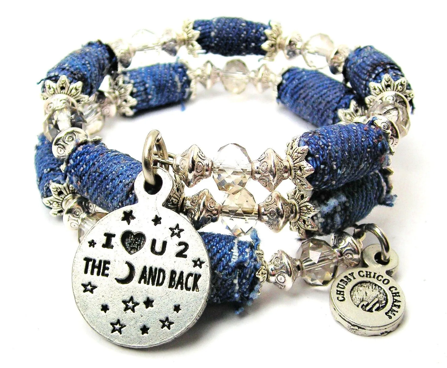 I Love U 2 The Moon And Back Blue Jean Beaded Wrap Bracelet