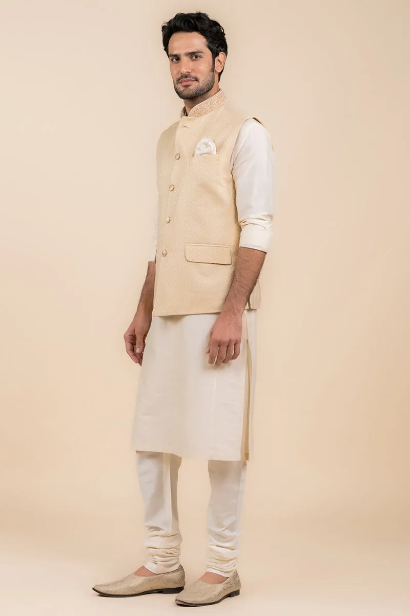 Ivory Floral Brocade Kurta Bundi Set