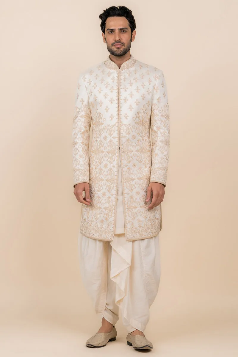 Ivory Sherwani With Resham And Zari Embroidery