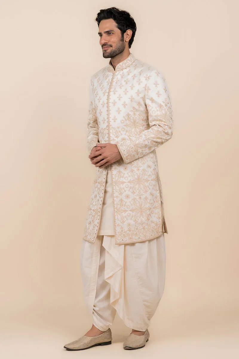 Ivory Sherwani With Resham And Zari Embroidery