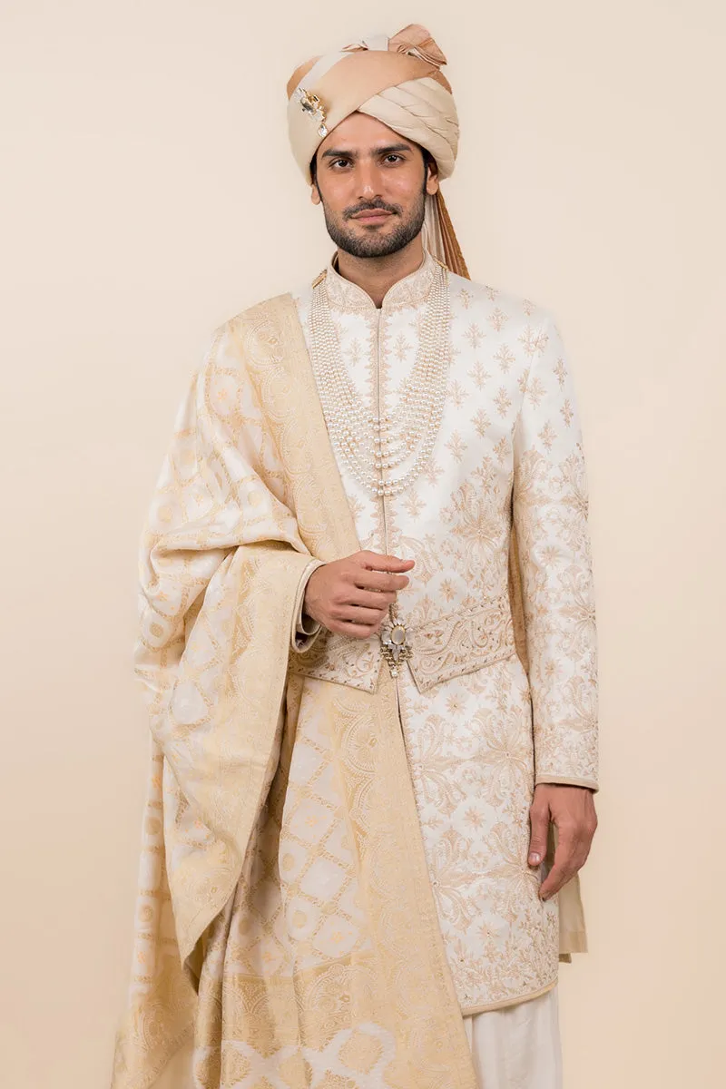 Ivory Sherwani With Resham And Zari Embroidery