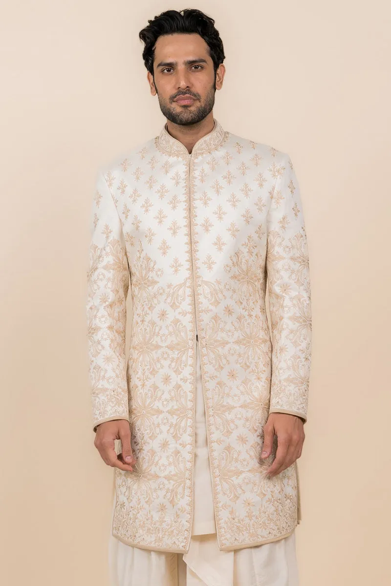 Ivory Sherwani With Resham And Zari Embroidery