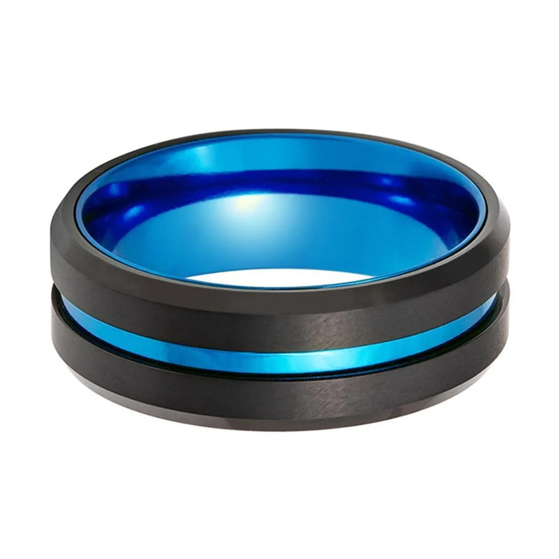 LELRA | Blue Tungsten Ring, Blue Groove, Beveled