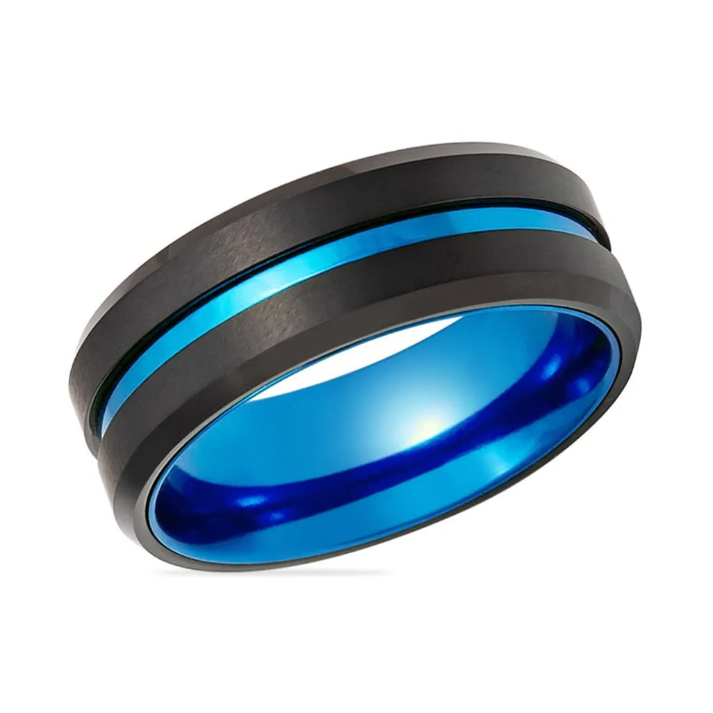 LELRA | Blue Tungsten Ring, Blue Groove, Beveled