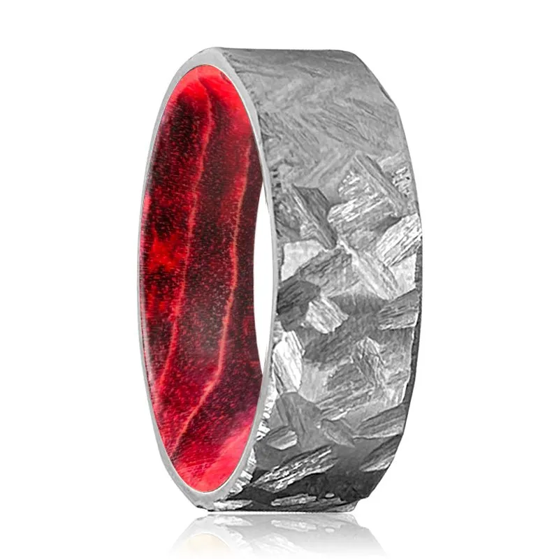 LIGON | Black & Red Wood, Silver Titanium Ring, Hammered, Flat