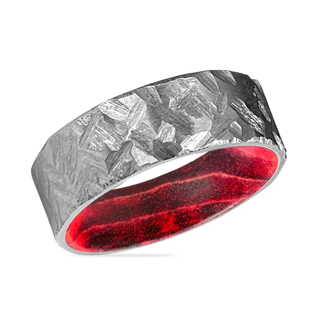 LIGON | Black & Red Wood, Silver Titanium Ring, Hammered, Flat