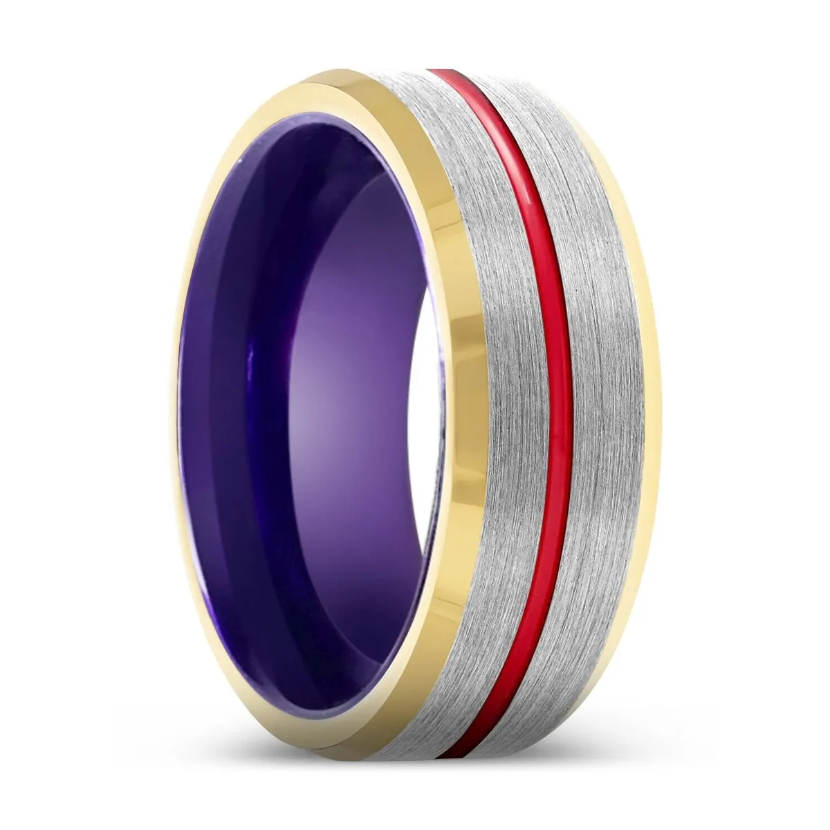 LYNX | Purple Ring, Silver Tungsten Ring, Red Groove, Gold Beveled Edge