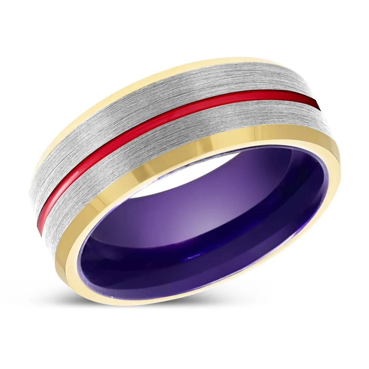 LYNX | Purple Ring, Silver Tungsten Ring, Red Groove, Gold Beveled Edge