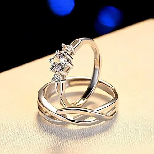 MEENAZ Couple Rings for women girls lovers men boys girlfriend Couples Husband wife Gf BF AD CZ Stylish Valentine American diamond Adjustable Heart Platinum Silver Solitaire Finger Ring Combo set -117