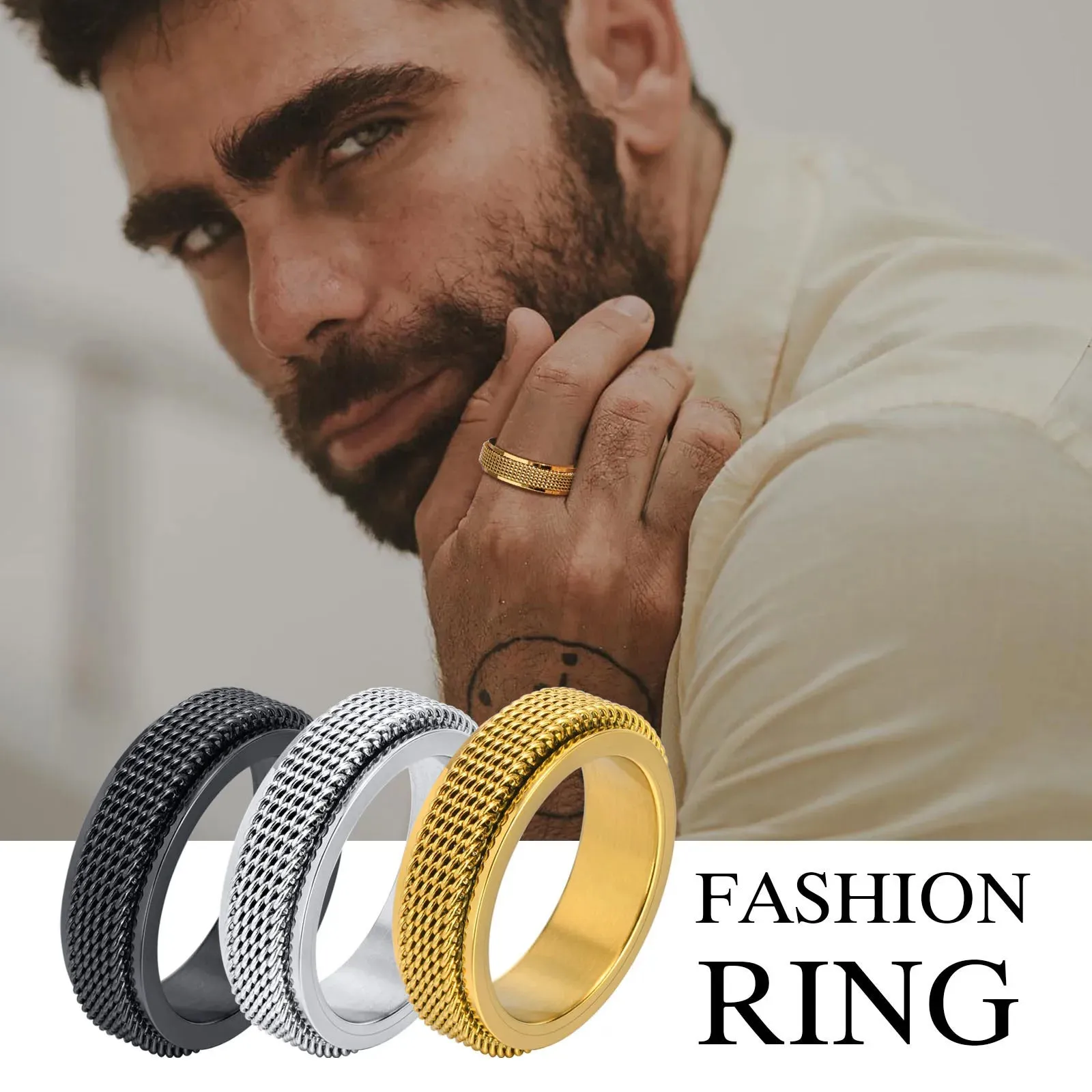 Men's Spinner Fidget Rings for Anxiety, Waterproof Stainless Steel Mesh Wedding Band Rings,Stress Relieveing Gifts Jewelry