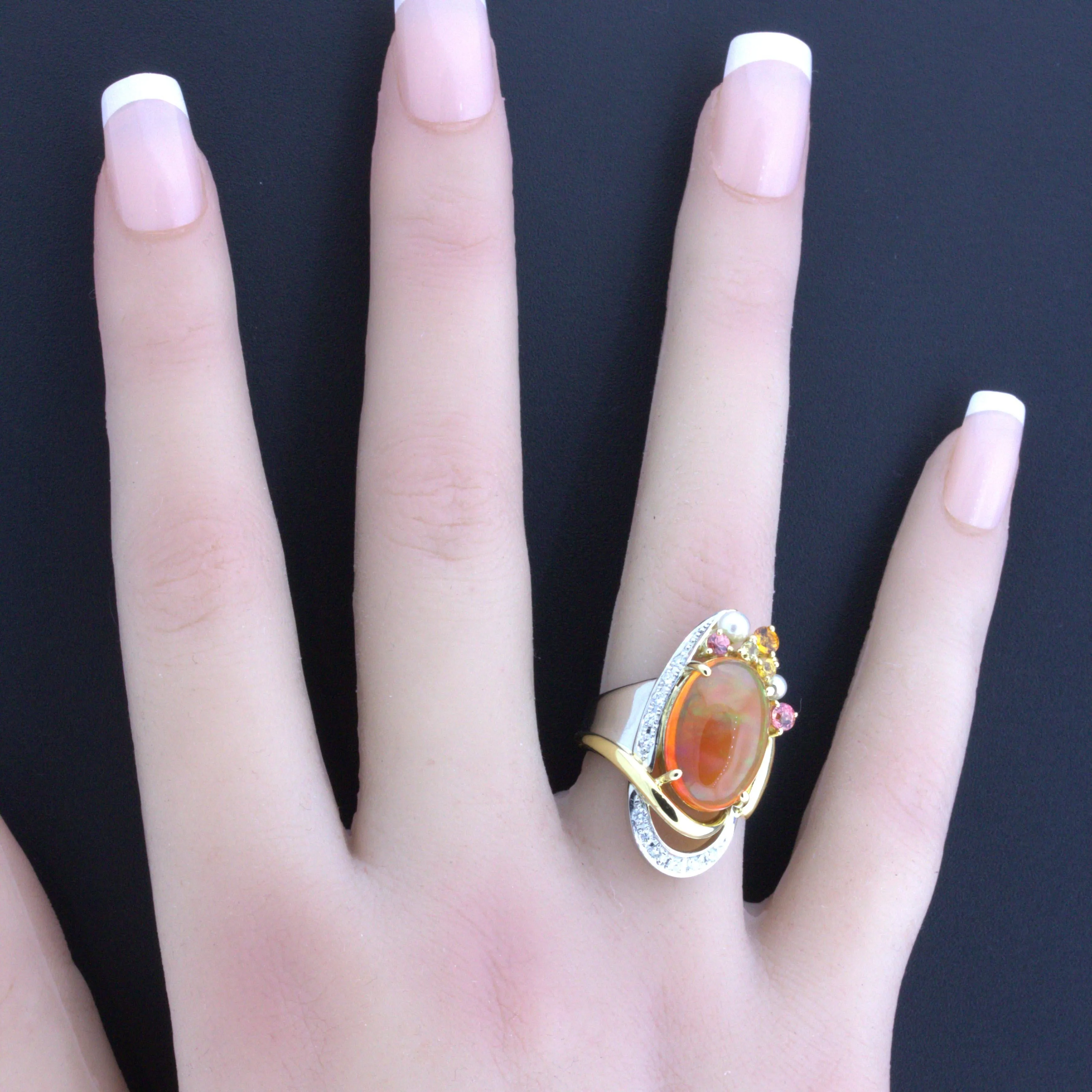 Mexican Fire Opal Diamond Gemstone Platinum Ring