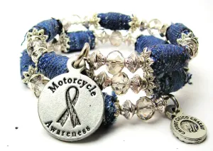 Motorcycle Awareness Blue Jean Beaded Wrap Bracelet