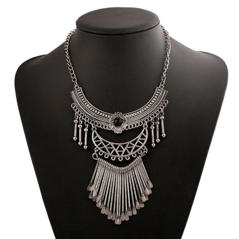 New Luxury Vintage Silver Multilayer Tassel Crystal Pendant Maxi Necklaces Women Big Gypsy Choker Statement Necklace