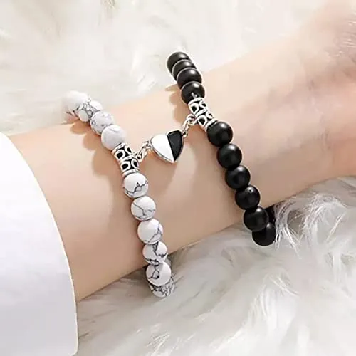 Okos Fashion Jewellery Combo of 2 Adjustable (Free Size) Stylish Unisex White and Black Beads Magnetic Heart Shape Couple Bracelet For Women and Men BR1000050COM