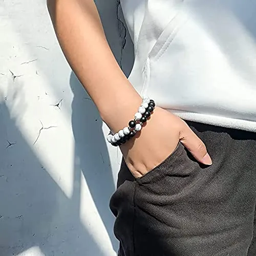 Okos Fashion Jewellery Combo of 2 Adjustable (Free Size) Stylish Unisex White and Black Beads Magnetic Heart Shape Couple Bracelet For Women and Men BR1000050COM