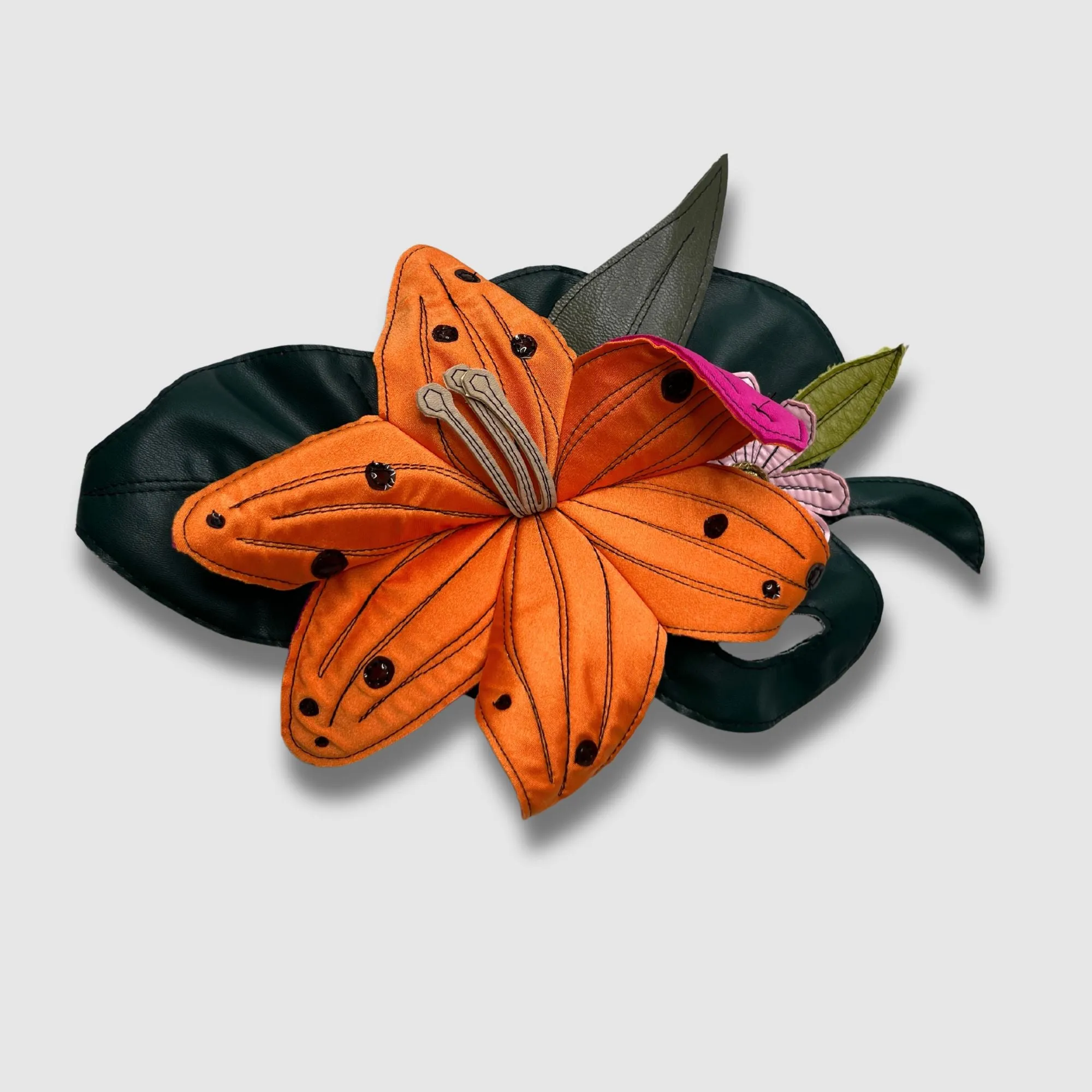 orange, pink, and blue florals   leaf brooch