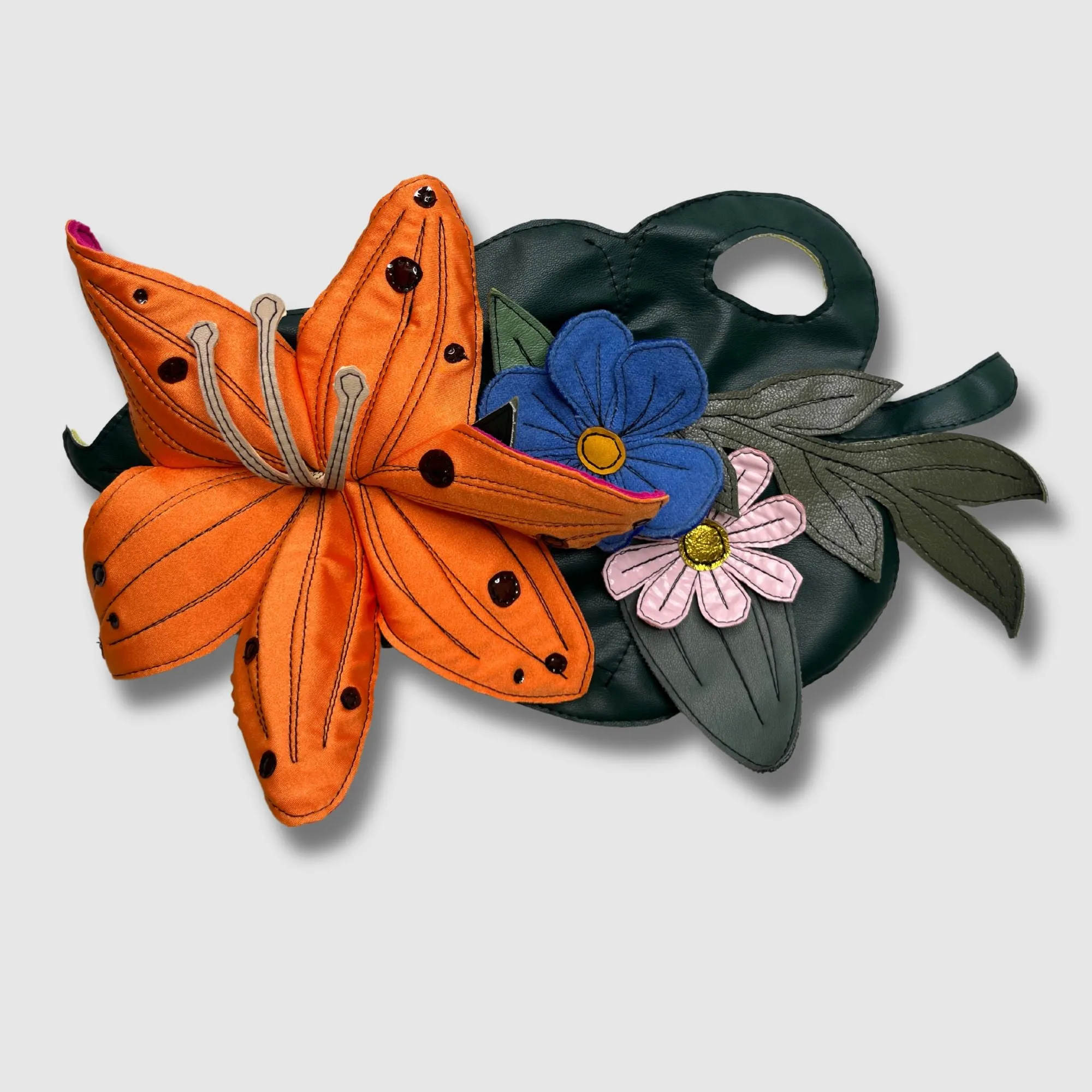 orange, pink, and blue florals   leaf brooch