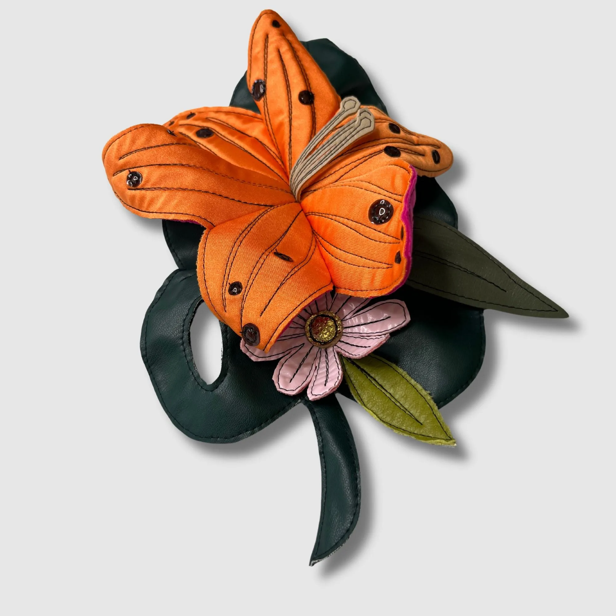 orange, pink, and blue florals   leaf brooch