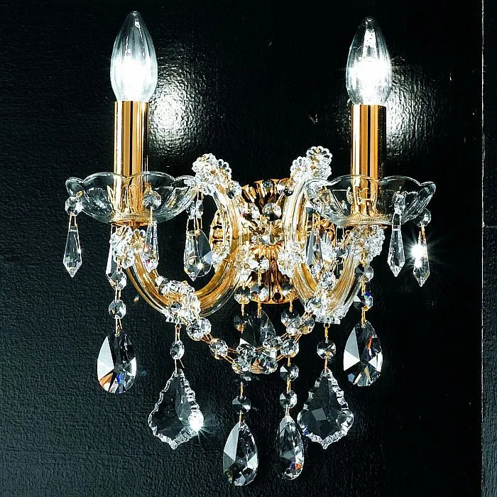 Ornate Gold Wall Chandelier With Italian Crystals & Two Lights