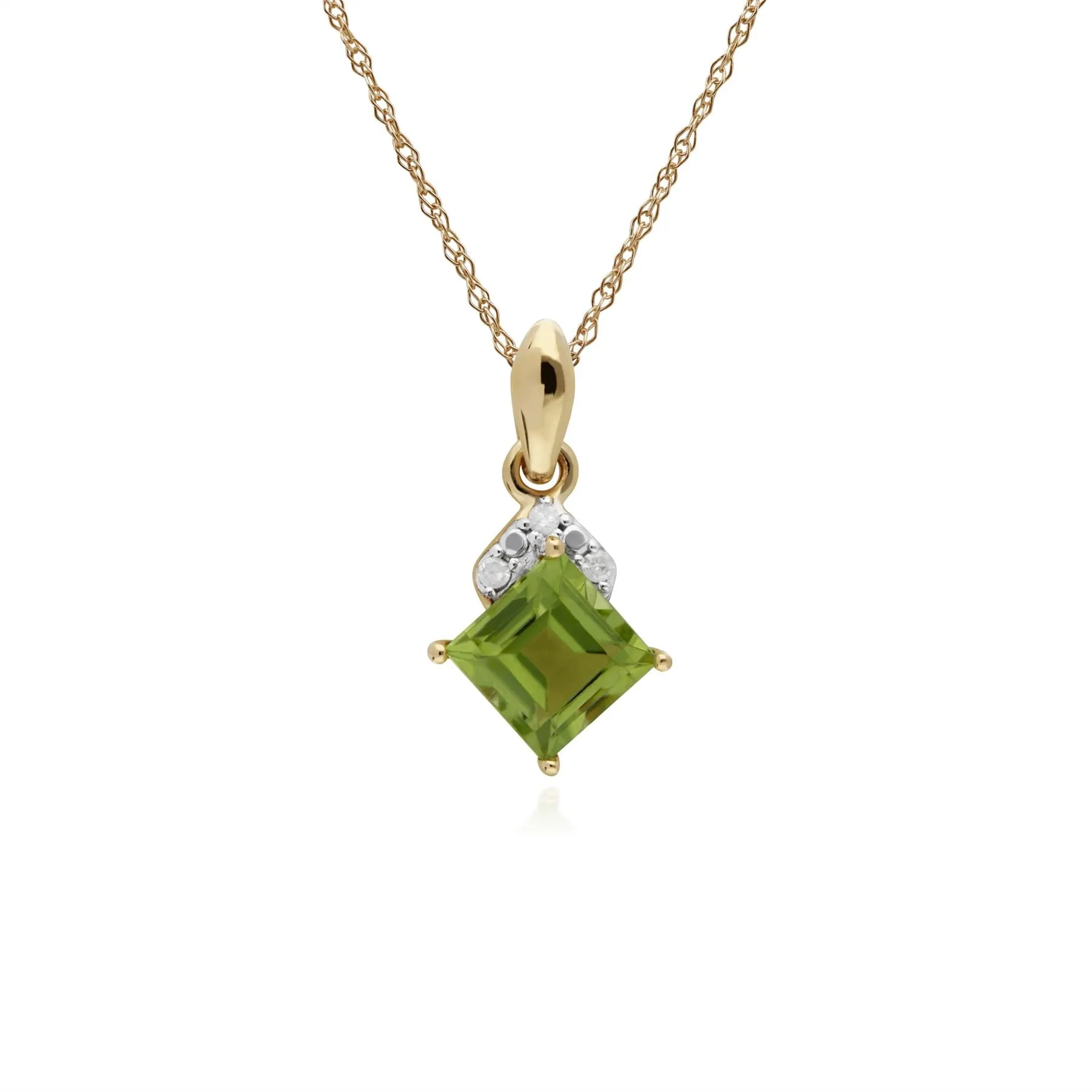 Peridot Halskette, 9 Karat gelbgold peridot & Diamant quadratischer Anhänger an 45cm Kette