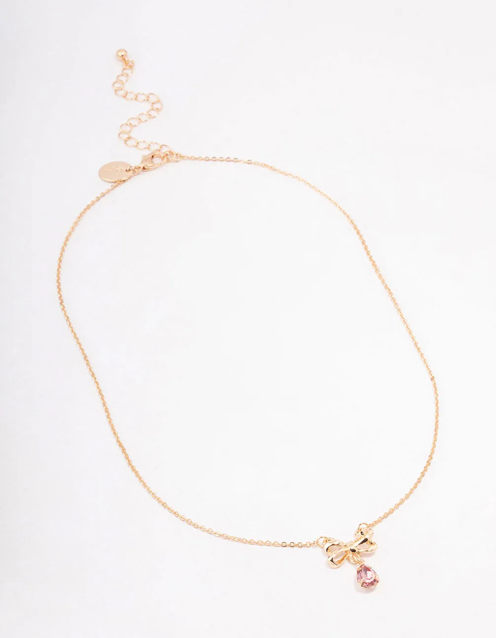 Pink Diamante Drop Bow Necklace