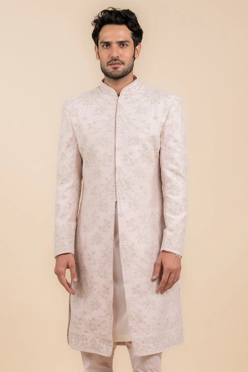 Pink Embroidered Sherwani In Pearl Highlights