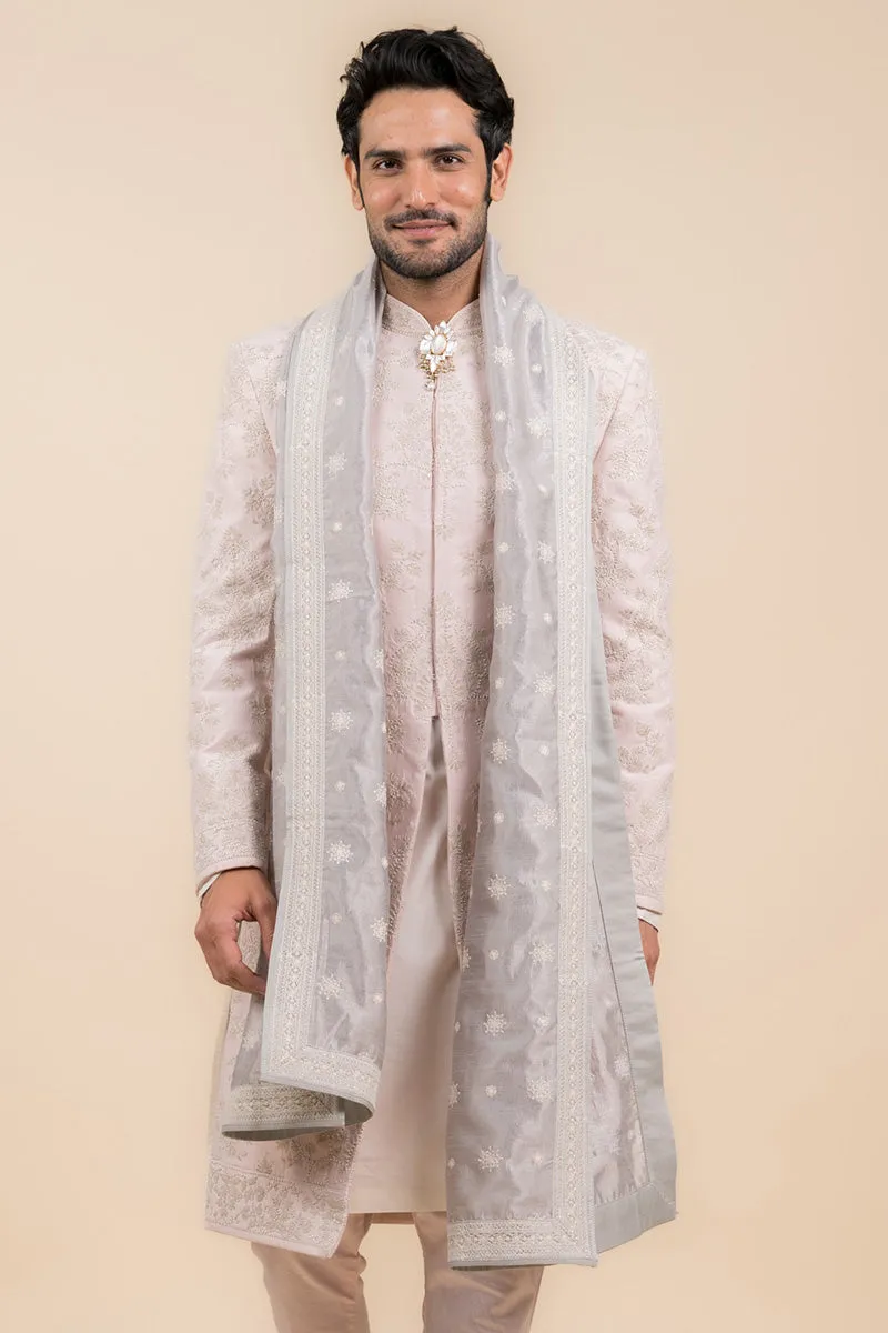 Pink Embroidered Sherwani In Pearl Highlights