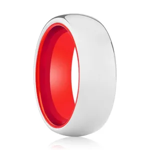 POPPY | Red Ring, Silver Tungsten Ring, Shiny, Domed